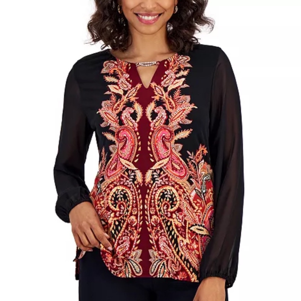 JM Collection Paisley Print Chiffon Sleeve Women's Top M